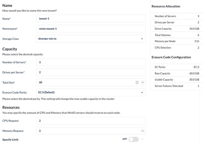 MinIO object storage within a Kubernetes cluster