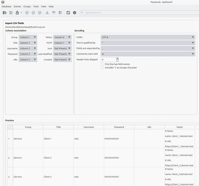 CSV import pane